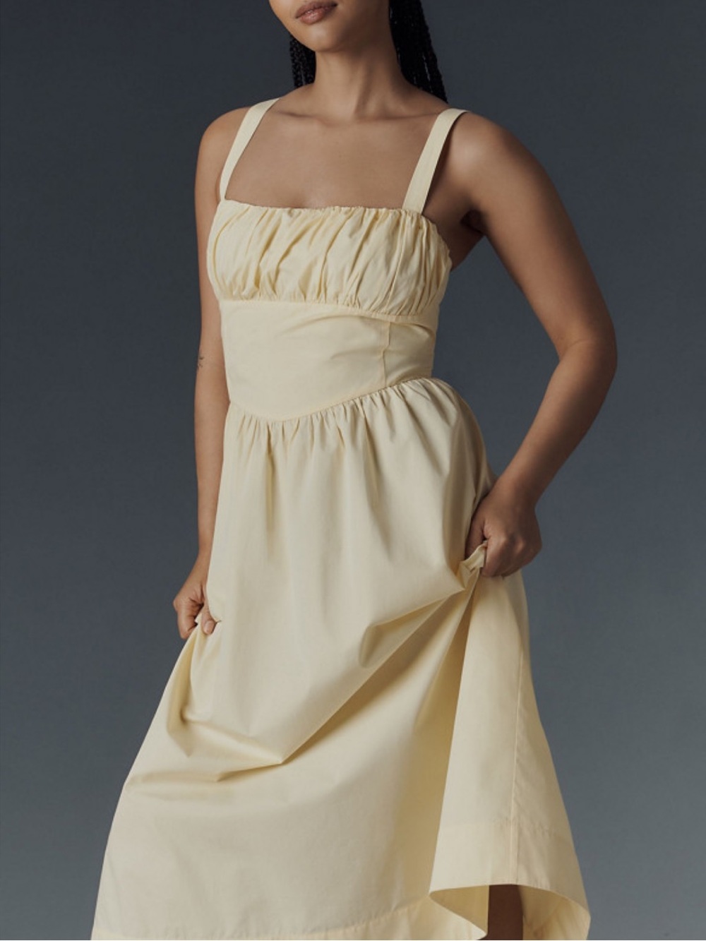 Anthropologie Drop-Waist Ruched Midi Dress Pale Yellow